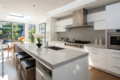 Stunning contemporary home featuring a spacious white kitchen with island and sleek gray countertops. Generative AI