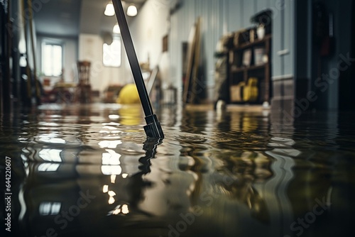 Mop clearing deep floodwater in electrical room or basement with defocused cable. Water damage by rain, snowmelt, or pipe burst. Generative AI photo