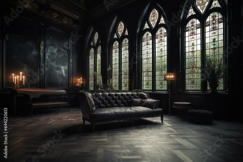 Spacious Gothic room with a black sofa and dark floral decor illuminated by a dimly lit large window. Generative AI