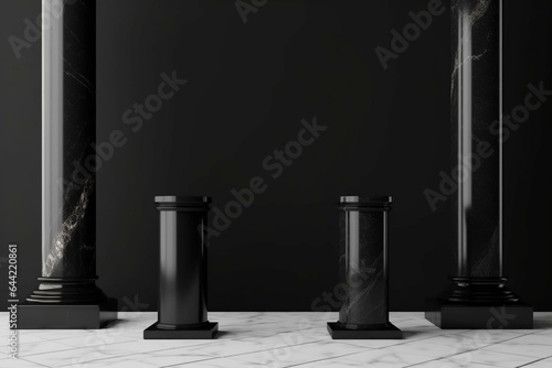 Black podium displaying 3D-rendered marble columns. Generative AI