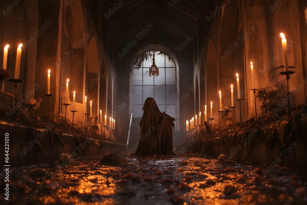Abandoned church transformed for pagan rituals with candles. Generative AI