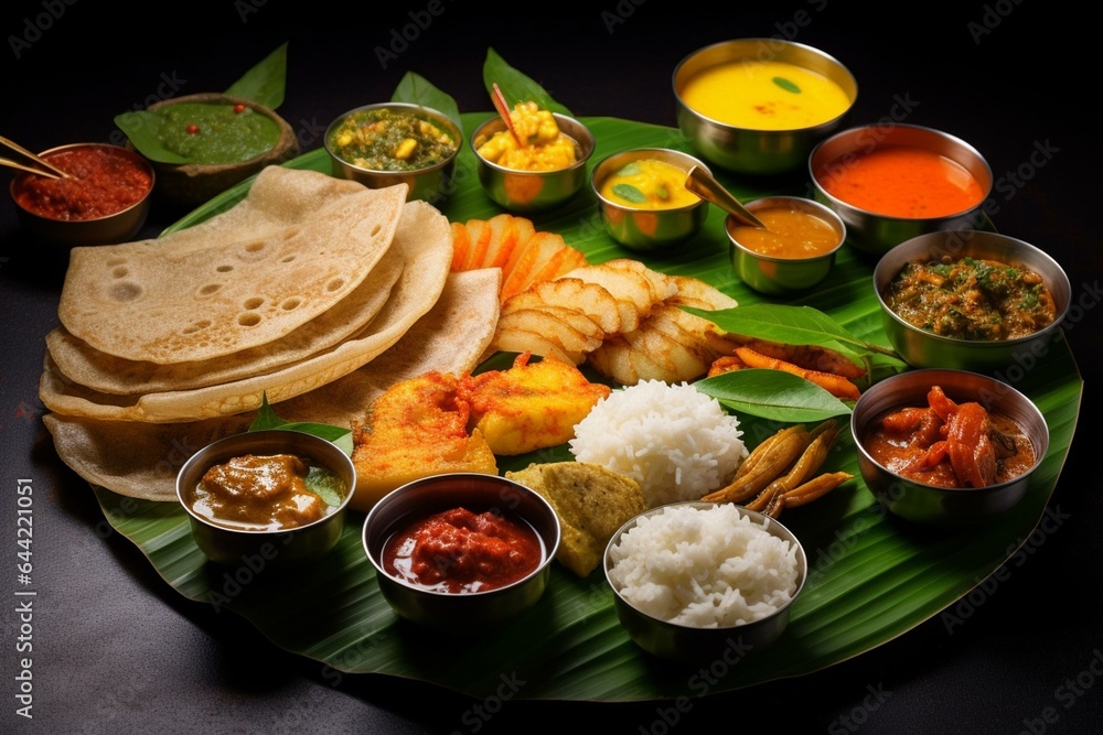 Assorted south Indian dishes served on banana leaves with vibrant