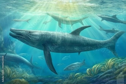 Illustration featuring ancient ocean-dwelling mosasaurs. Generative AI