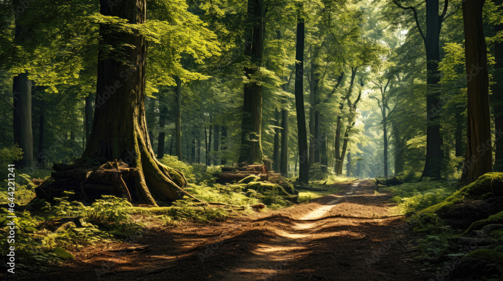 Obraz premium Winding footpath through green forest. Generative AI