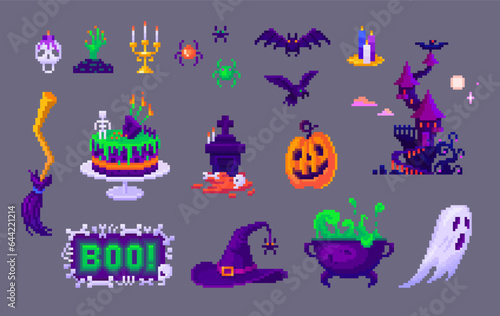 Pixel art Halloween set. Pumpkin, ghost, castle, tomb and other icons. Pixelated cartoon elements about Halloween Holiday, 8 bit retro style vector illustration