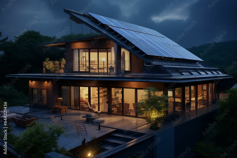 nighttime house with rooftop solar panels. Generative AI