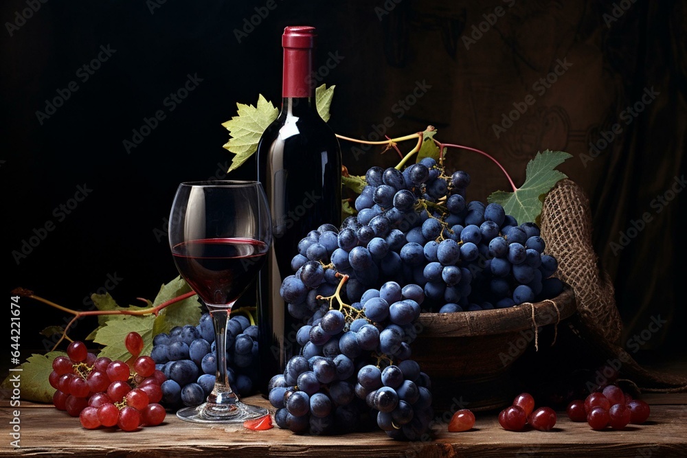 ripe blue grapes and a bottle of crimson wine. Generative AI