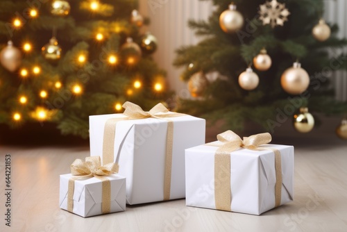 Beautiful Christmas gift boxes on floor near fir tree © Оксана Олейник