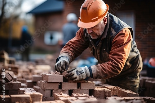 Worker laying bricks on a construction site. Construction workers are building a house © vachom