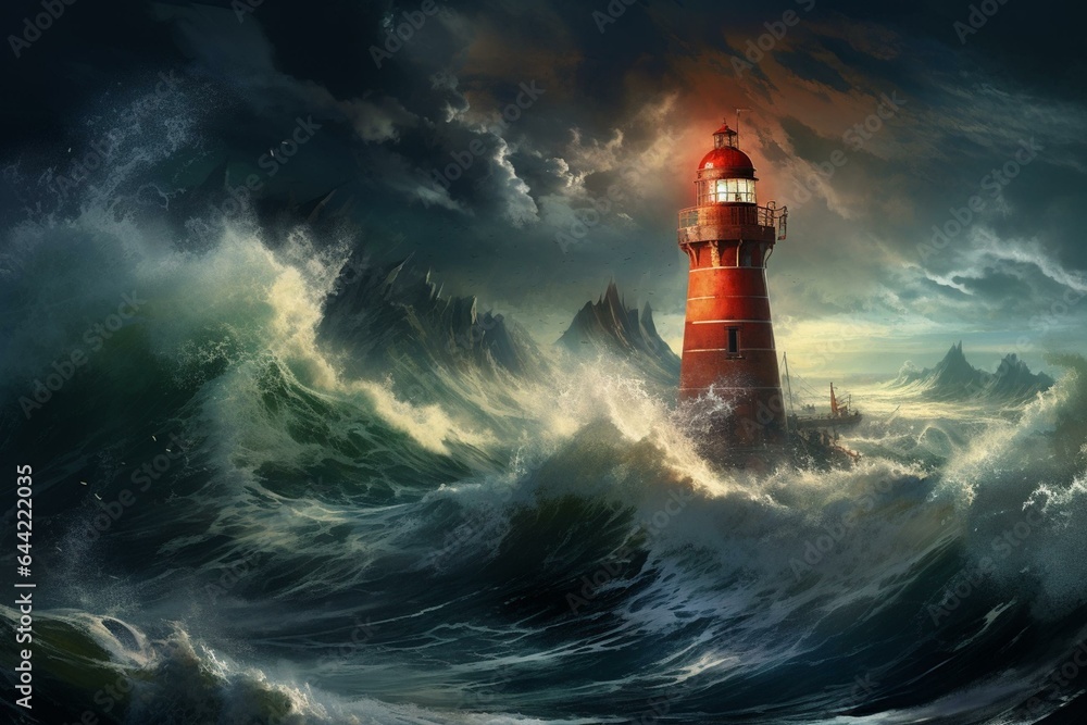 Digital painting with a lighthouse amidst powerful waves. Generative AI