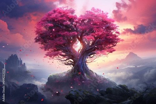 Tree blossoming from a vibrant heart symbolizes the arrival of spring, our bond with nature, and affection for the Earth. Generative AI