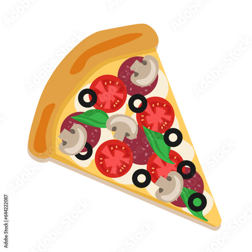 slice of pizza with pepperoni, tomatoes, cheese and basil