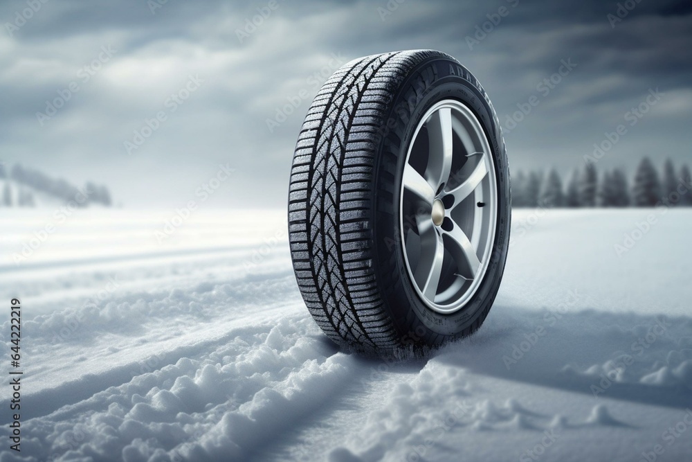 Car tire designed for winter driving on a snowy road. Generative AI