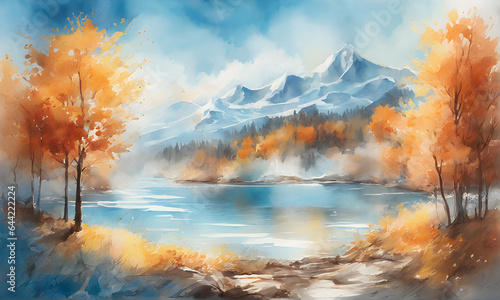 cold snow Alpine mountain range with cold mist river in sunrise foreground watercolor painting