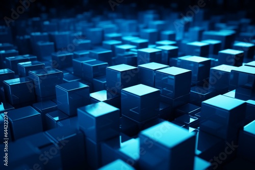 Blue cubes in sleek arrangement form a modern tech wallpaper. Generative AI