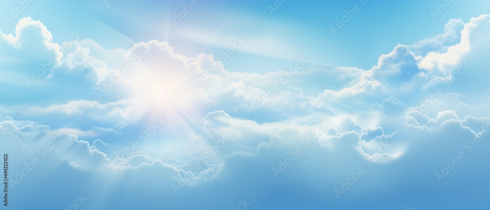Błękitne tło - niebo z delikatnymi chmurami i obłokami - tron Boży, rajska światłość. Miejsce przebywania aniołów. - obrazy, fototapety, plakaty 
