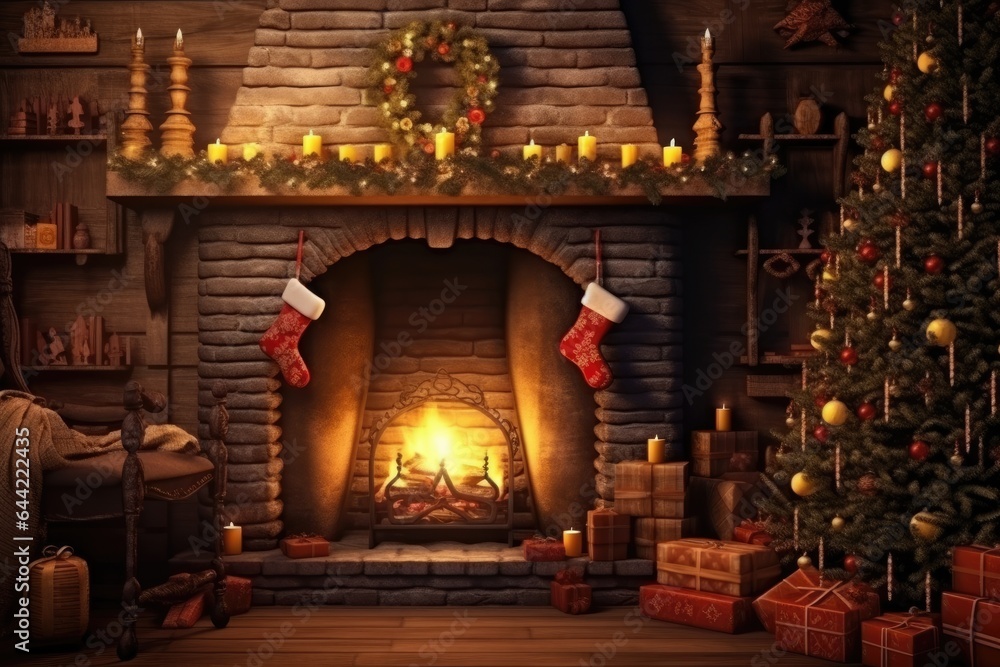 christmas interior. magic glowing fireplace, Christmas and Happy New Year concept, copy space