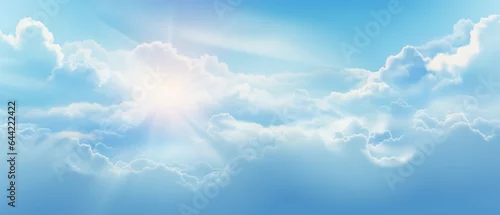 Obraz Błękitne tło panoramiczne - niebo z delikatnymi chmurami i obłokami - tron Boży, rajska światłość. Miejsce przebywania aniołów.