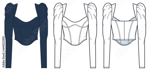 Corset Blouse technical fashion illustration. Crop Top fashion flat technical drawing template, puff sleeve, zip-up, slim fit, front and back view, white, black, women CAD mockup set.