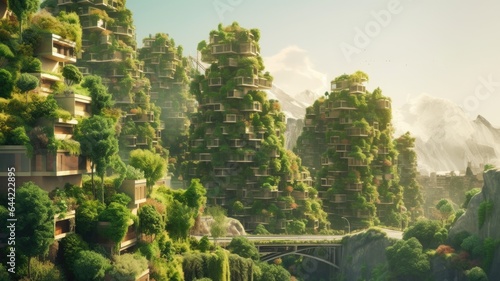 Environmental awareness city with vertical forest concept of metropolis covered with green plants. Civil architecture and natural biological life combination.Generative AI image weber.