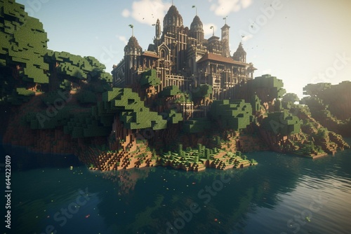 Castle in the jungle, surrounded by a lake. Minecraft-inspired. Generative AI