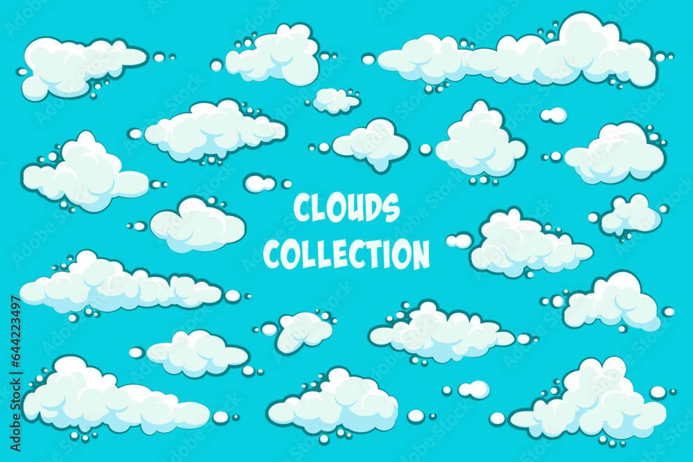 Painted cartoon clouds on blue background. Simple hand drawn round cloud, summer sky panorama, cloudscape. Flat design. Vector illustration Painted cartoon clouds on blue background. Simple hand drawn round cloud, summer sky panorama, cloudscape. Flat design. Vector illustration