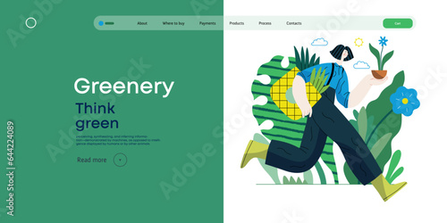 Greenery, ecology -modern flat vector concept illustration of a woman running with a eco bag and a flower in the pot. Metaphor of environmental sustainability and protection, closeness to nature
