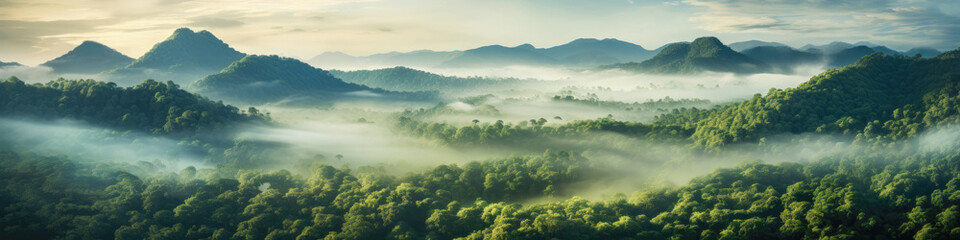 Leinwandbilder Olivgrün Tropical rainforest, lush and misty, early morning, landscape panorama, aerial view  © Microgen