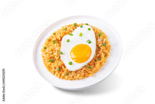 Kimchi fried rice with fried egg and scallion sprinkle on a white isolated background