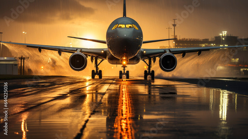 Passenger airplane takes off from the runway during rain. Generative AI