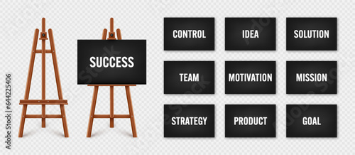 Realistic paint desk with text on black canvas. Wooden easel and a sheet of drawing paper. Presentation board on a tripod. Leadership and success, goals achievement. Vector illustration