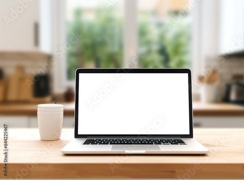 Laptop with blank screen on table. mockup, template for your text