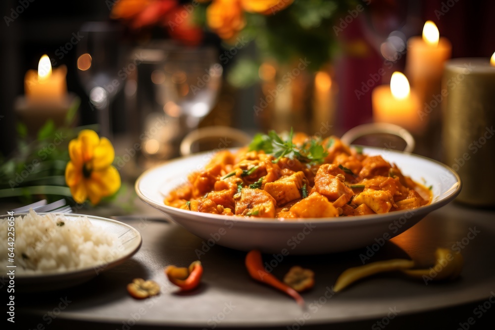 a delicious dish of homemade indian chicken curry in an indian erstaurant