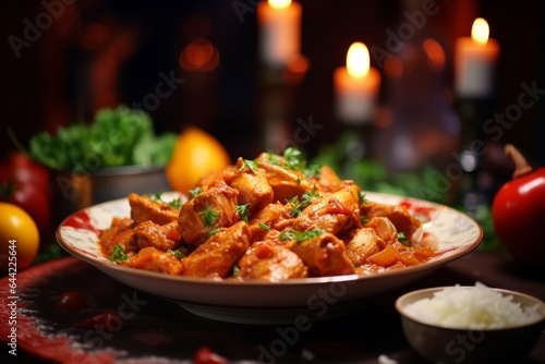a delicious dish of homemade indian chicken curry in an indian erstaurant