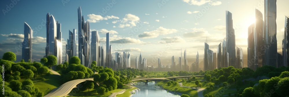 Fototapeta premium science fiction cityscape, green eco city concept, futuristic high-tech city with advanced infrastructure
