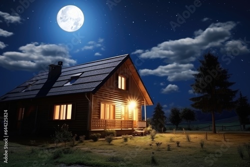 Rural house with glowing windows at night sky with moon