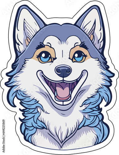 kawaii cartoon husky face with outline on transparent background, sticker, t-shirt design.