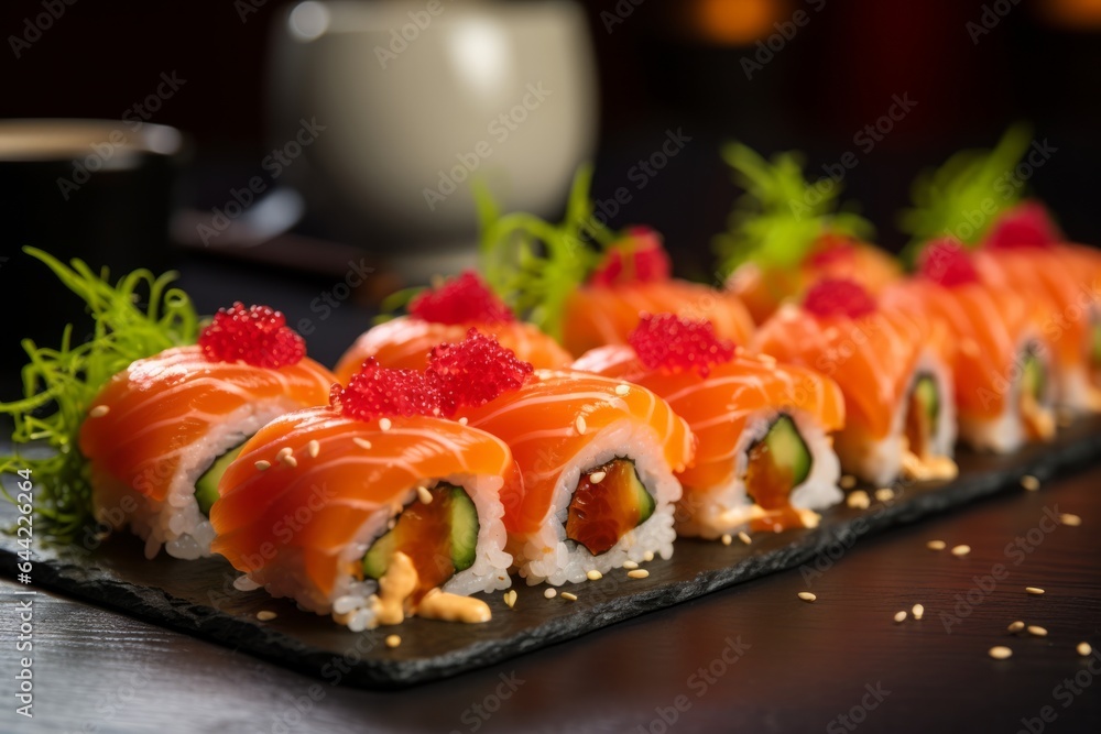 a set of tasty sushi on a table in a japanese restaurant (blurred background) a set of tasty sushi on a table in a japanese restaurant (blurred background)
