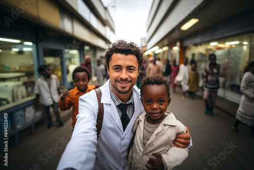 Selfie of African health professional pediatrician wearing white medical suit and a black kid boy smiling and looking at camera in street of South Africa after examining, treating child health care