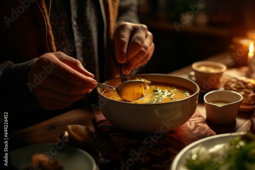 a hand grabbing a bowl of delicious hot homemade soup