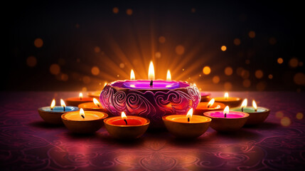 Candle light and bokeh background celebrate Indian Holiday Diwali. AI Generative