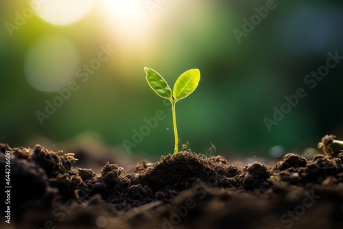 a green sprout growing from the soil under sunlight