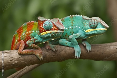Two chameleons on a branch. One changes color. Location: Zanzibar. Generative AI