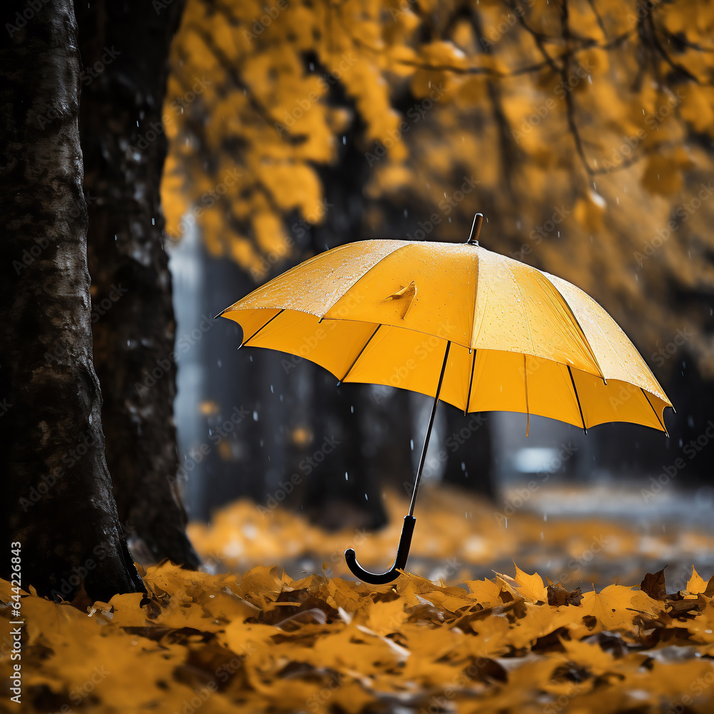 Yellow umbrella under rain in autumn park. Autumn season comes concept. AI Generative