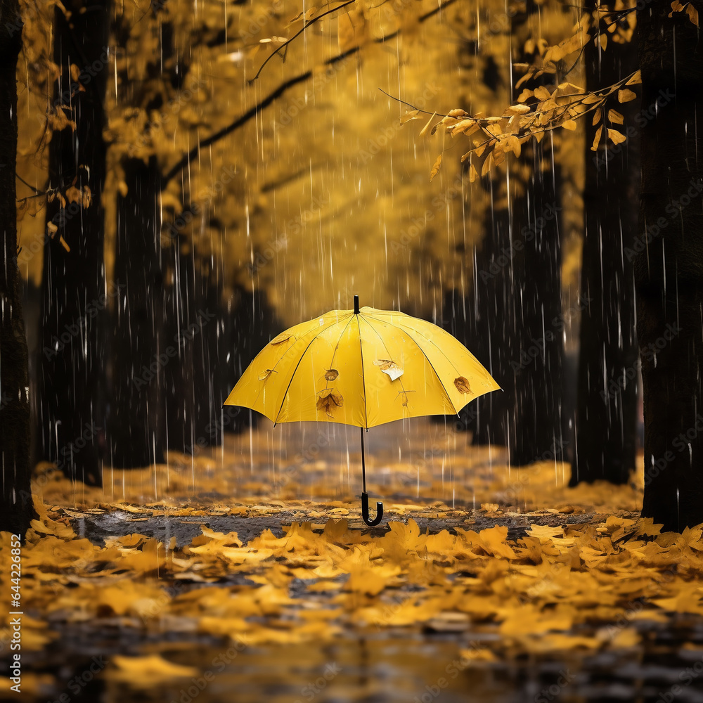 Yellow umbrella under rain in autumn park. Autumn season comes concept. AI Generative