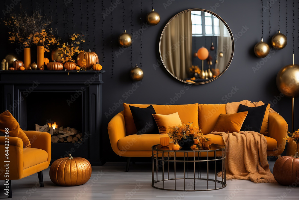 Obraz premium Modern living room with sofa and fireplace decorated with pumpkins for thanksgiving day. AI Generative.