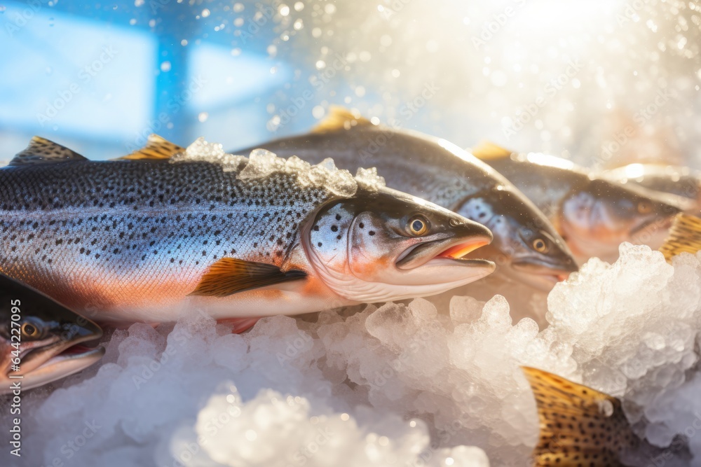 fresh trouts on ice in a fish market