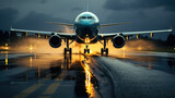 Passenger airplane takes off from the runway during rain. Generative AI