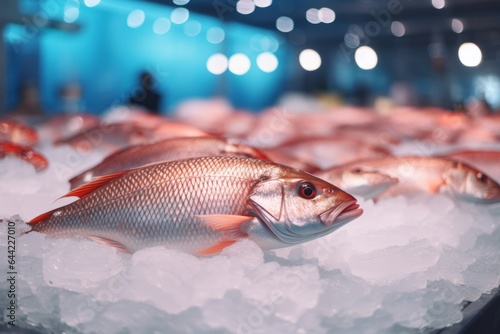 close up shot of fresh fish on ice in a fish market