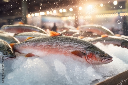 fresh trouts on ice in a fish market